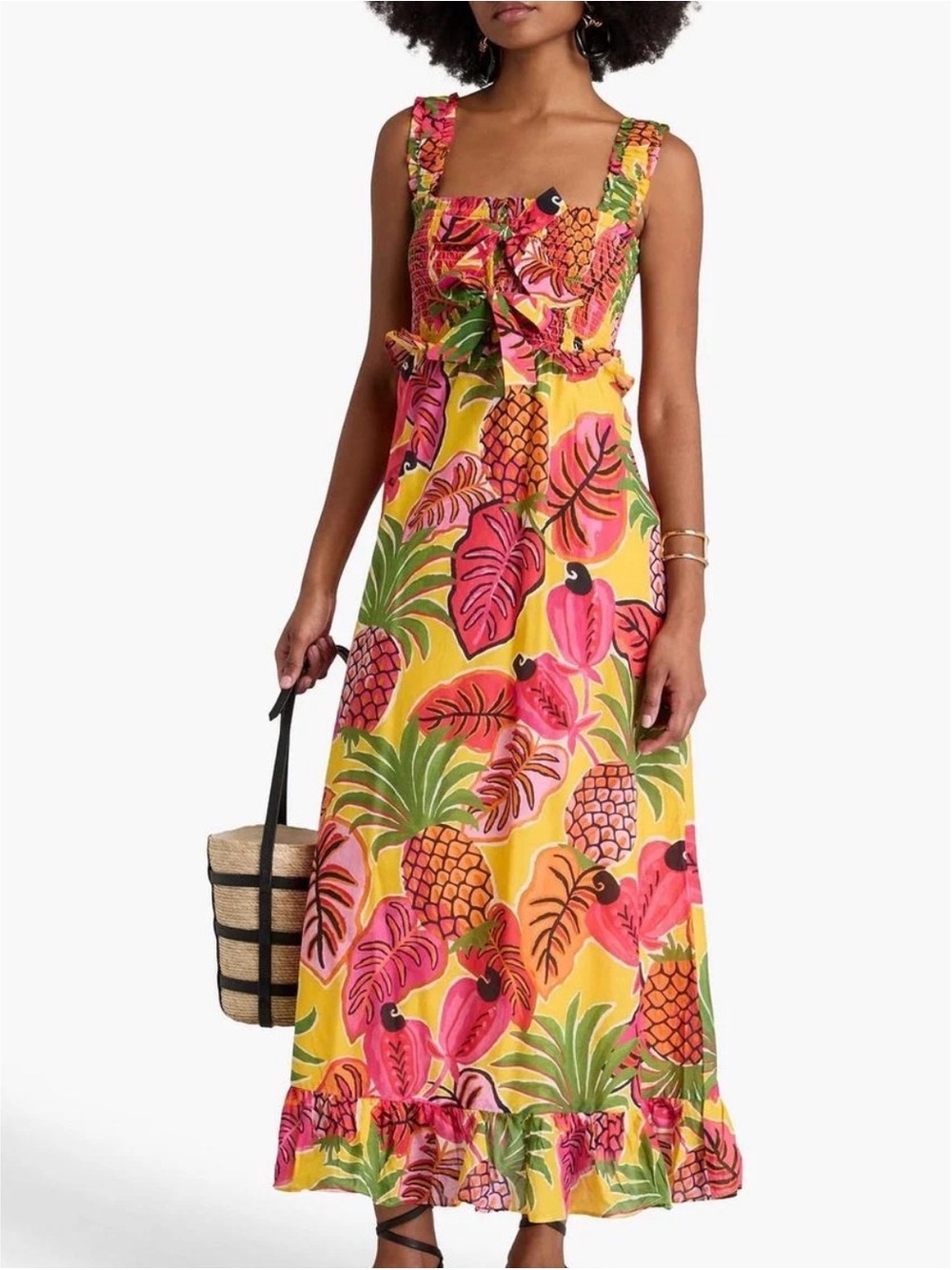 0100 Yellow Tropical Print Maxi Dress with Ruffled Straps